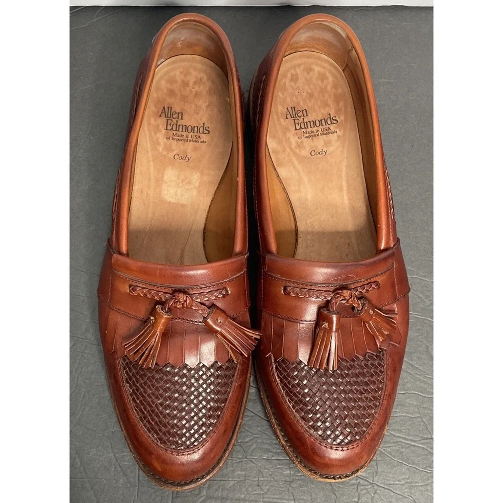 ALLEN‎ EDMONDS CODY Kiltie Tassel Loafers 9.5 D Brown Woven Leather Men's Shoes